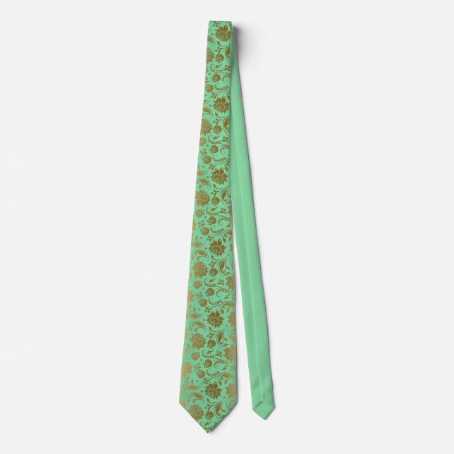 Gold & Mint-Green Damasks Seamless Pattern Tie (Front)