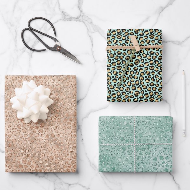 Gold Mint Green Glam Leopard Print Wrapping Paper Sheets (Front)