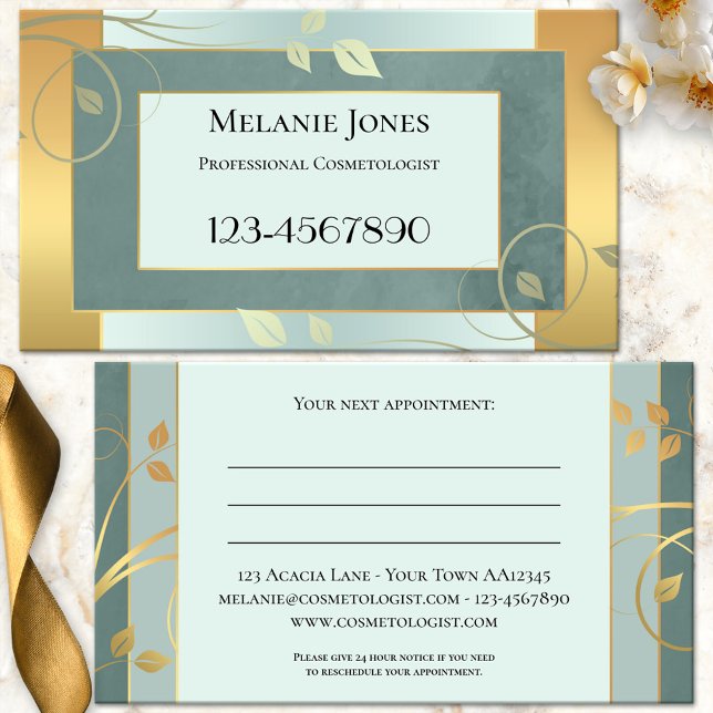 Gold Mint Green Leaves Appointment Business Card (Professional business card featuring a geometric design with swirling leaves on mint green and gold)