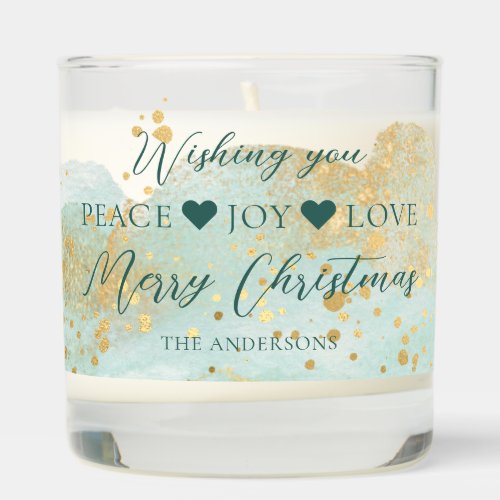 Gold mint green Peace Love Joy sparkly Scented Candle