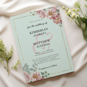 Gold mint green pink watercolor floral Wedding Invitation