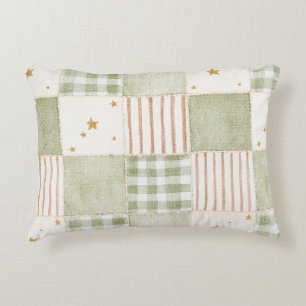 Gold Mint Green Stars Stripes Patches Accent Pillow