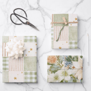 Gold Mint Green Stars Stripes Patches Christmas Wrapping Paper Sheets