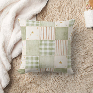 Gold Mint Green Stars Stripes Patches Throw Pillow