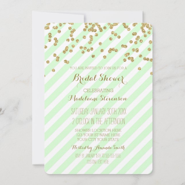 Gold Mint Green Stripes Bridal Shower Invitations (Back)