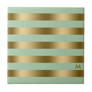 Gold & Mint-Green Stripes Geometric Pattern Ceramic Tile