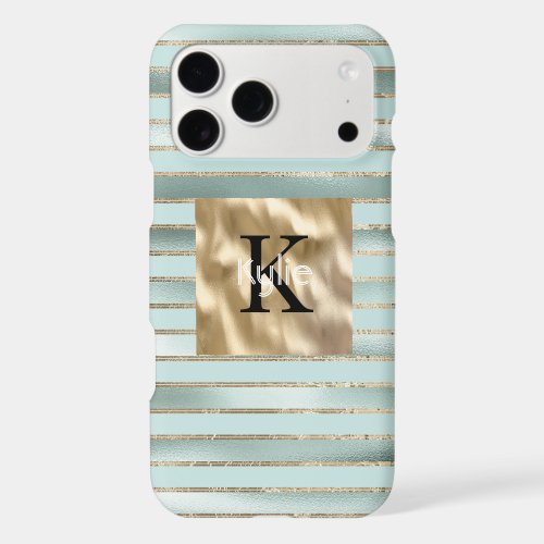 Gold Mint Green Stripes Monogram Name iPhone 17 Pro Max Case