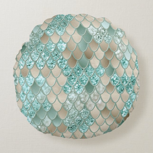Gold Mint Mermaid Scales Glam #2 (Faux Glitter) Round Pillow (Front)
