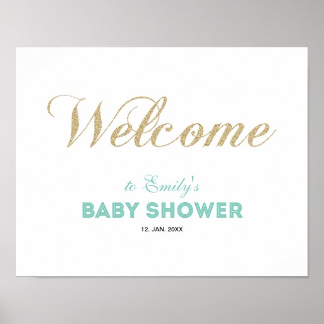 Gold & Mint | Modern Boy Baby Shower Welcome Sign (Front)