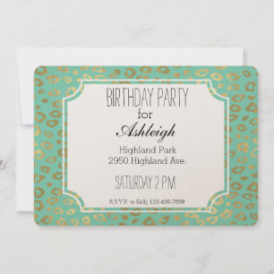 Gold Mint Ombre Leopard Print birthday Invitation