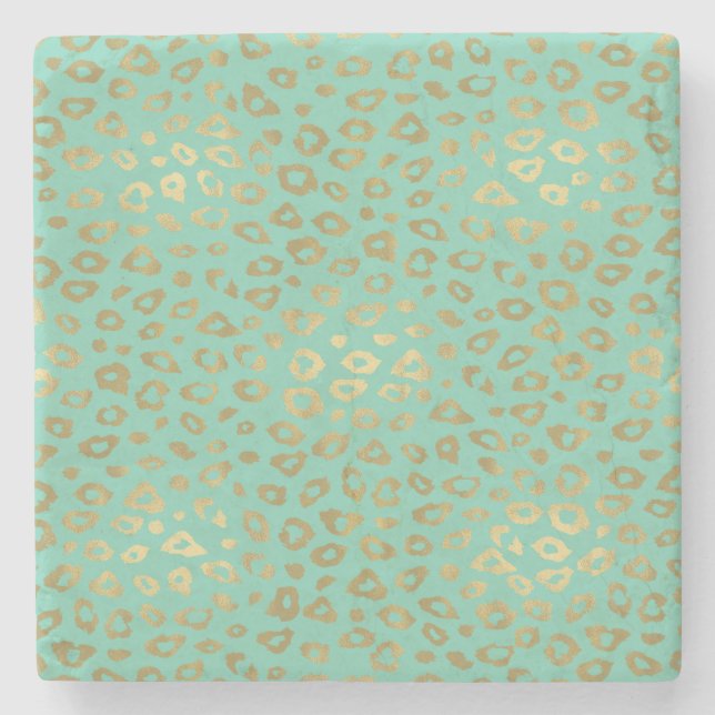 Gold Mint Ombre Leopard Print Stone Coaster (Front)