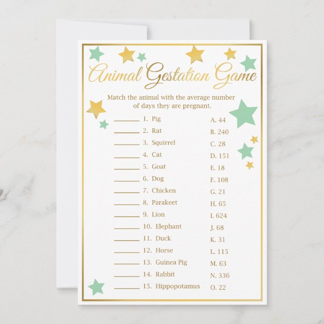 Gold Mint Star Baby Shower Game Animal Gestation Invitation (Front)