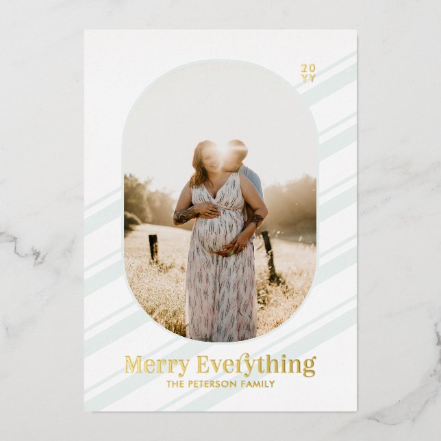Gold & Mint Stripes Merry Christmas Photo Greeting Foil Invitation (Front)