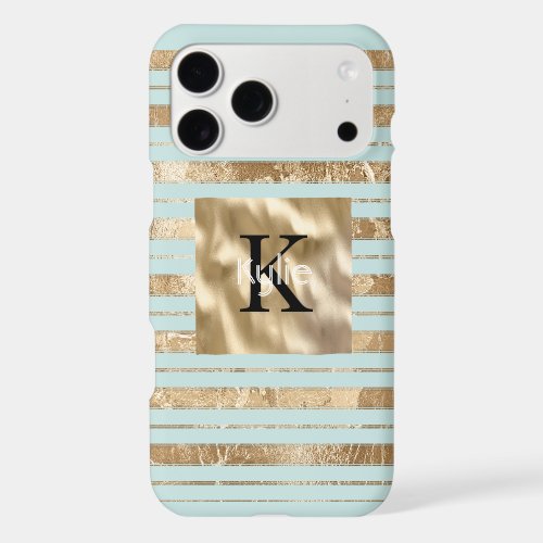Gold Mint Stripes Monogram Name iPhone 17 Pro Max Case