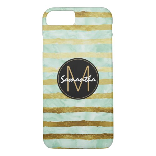 Gold Mint Watercolor Stripes Monogram iPhone 87 Case