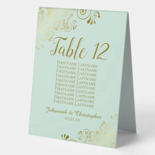 Gold  Mint Wedding Table Number Seating Chart Table Tent Sign