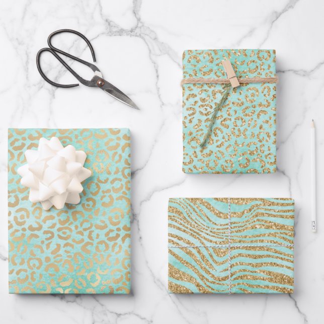 Gold Mint White Ombre Zebra Leopard      Wrapping Paper Sheets (Front)