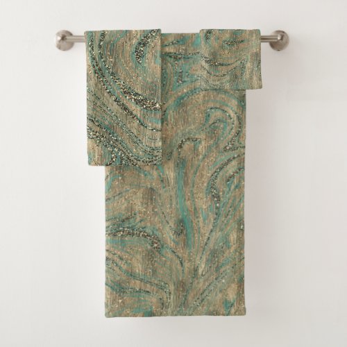 Gold  Minty Turquoise Glitter Swirl Sparkle  Bath Towel Set