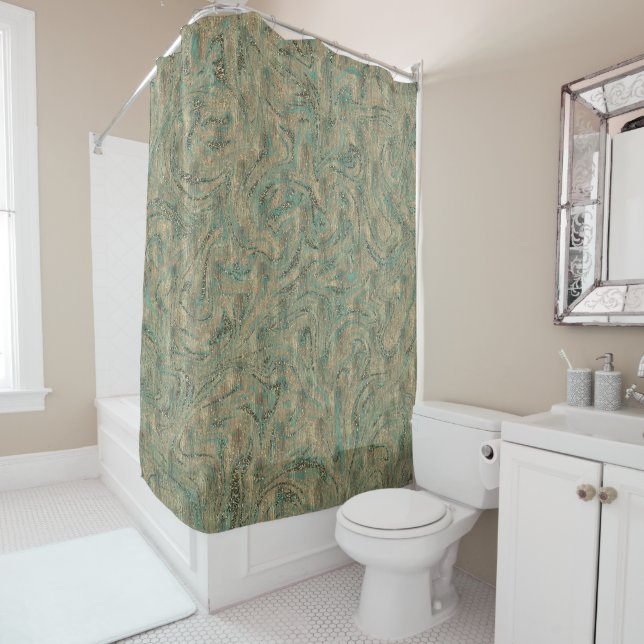 Gold & Minty Turquoise Glitter Swirl Sparkle  Shower Curtain (In Situ)