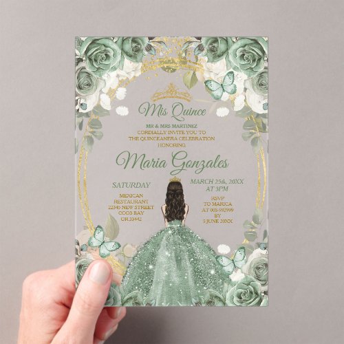 Gold Mis Quince Dusty Green Floral Quinceañera