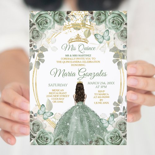 Gold Mis Quince Dusty Green Floral Quinceaera Invitation