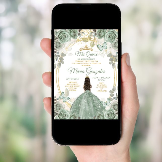 Gold Mis Quince Dusty Green Floral Quinceañera Invitation (Front Digital)