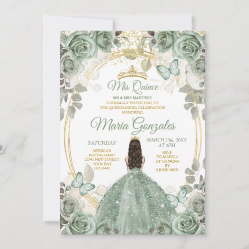 Gold Mis Quince Dusty Green Floral Quinceaera Invitation