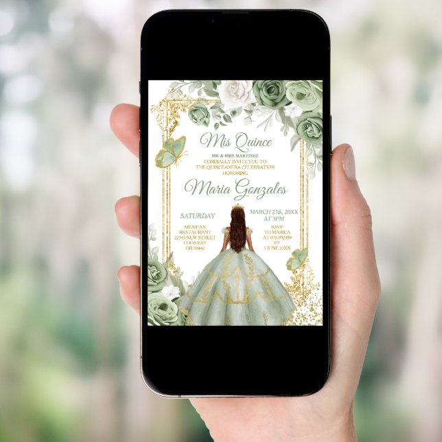 Gold Mis Quince Sage Green Floral Quinceañera Invitation (Front Digital)