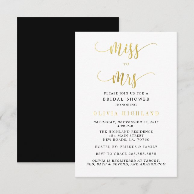 Gold Miss to Mrs Bridal Shower Invitations (Front/Back)