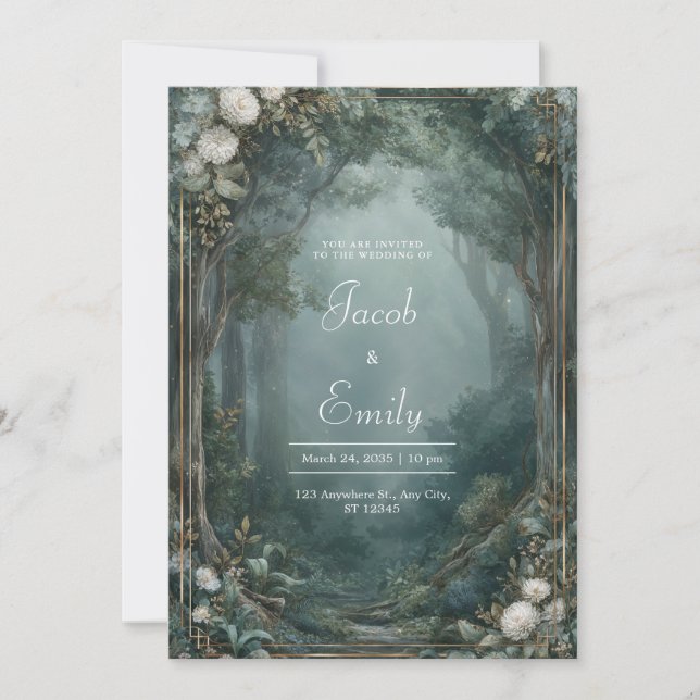 Gold Misted Forest White Chrysanthemum Wedding Invitation (Front)