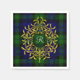 Gold Mistletoe Blackwatch Plaid Monogram Napkins