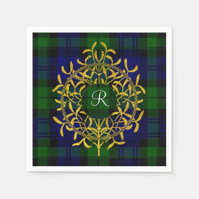 Gold Mistletoe Blackwatch Plaid Monogram Napkins (Front)