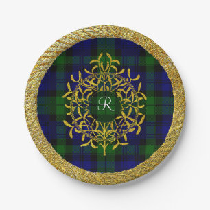 Gold Mistletoe Blackwatch Plaid Monogram Paper Plates