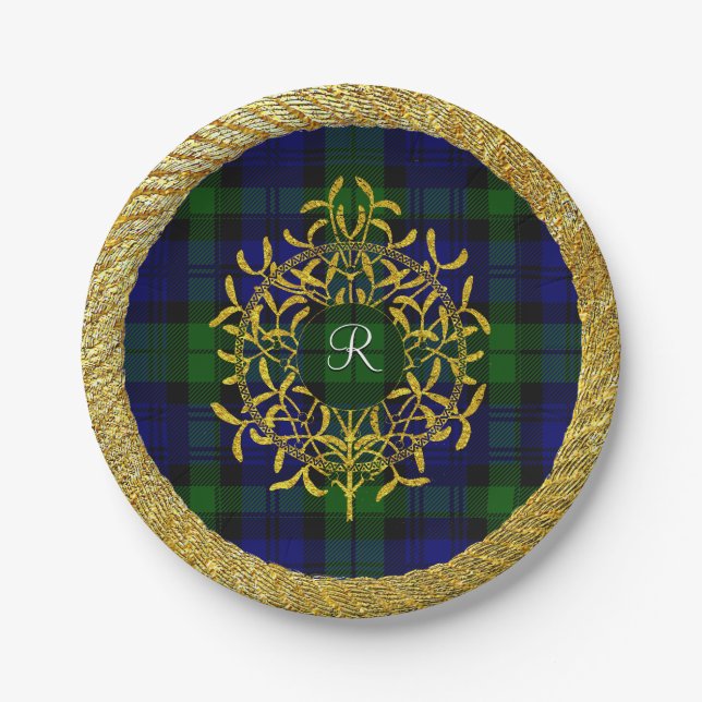 Gold Mistletoe Blackwatch Plaid Monogram Paper Plates (Front)