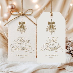 Gold Mistletoe Merry Christmas Feliz Navidad Gift Tags