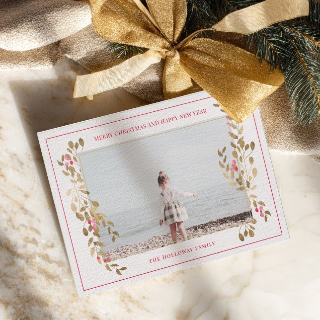 Gold Mistletoe Pink Christmas New Year Photo Letterpress Photo Cards (Gold Mistletoe Pink Christmas New Year Photo Letterpress Photo Cards)