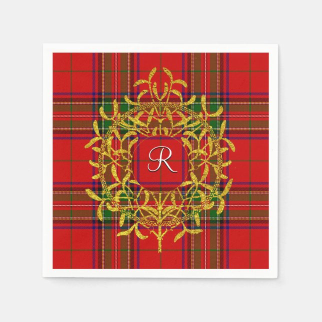 Gold Mistletoe Stewart Plaid Monogram Paper Napkins (Front)