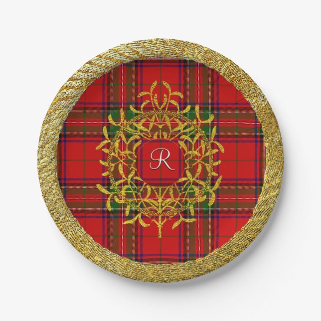 Gold Mistletoe Stewart Plaid Monogram Paper Plates (Front)