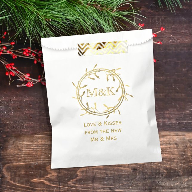 Gold Mistletoe Wreath Winter Wedding Favor Bag (A festive gold mistletoe wreath with space for your initials and a short thank you message)