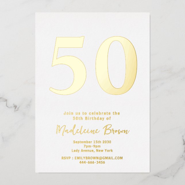 Gold Modern 50th Birthday  Foil Invitation (Front)