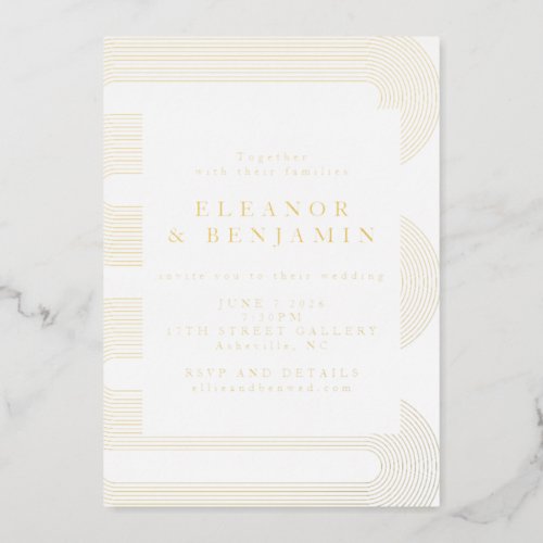 Gold Modern Abstract Lines Elegant Wedding  Foil Invitation