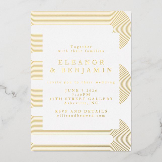 Gold Modern Abstract Lines Elegant Wedding  Foil Invitation (Front)