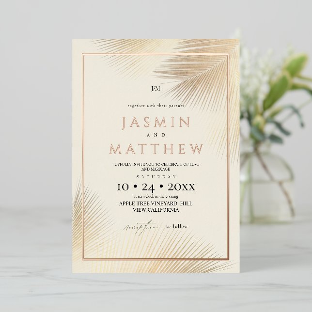 Gold Modern Beach Coastal Palm Wedding  Foil Invitation (Standing Front)