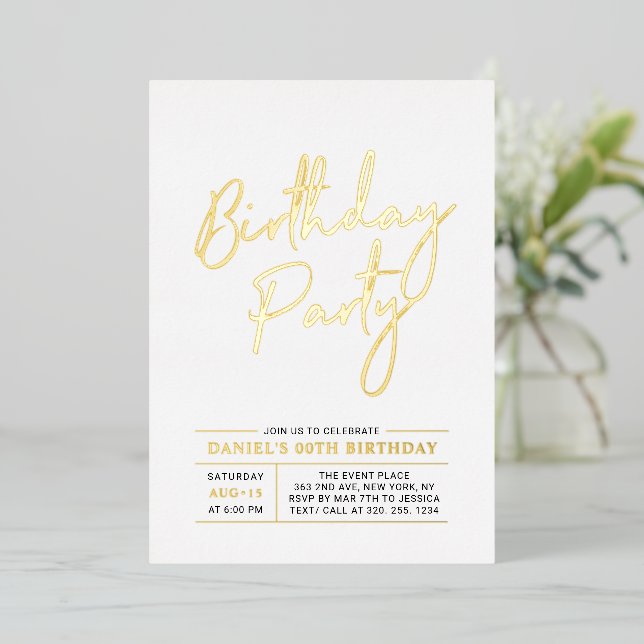 Gold Modern Brush Script Adult Birthday Party Foil Invitation (Standing Front)