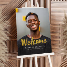 Gold Modern Brush Script Photo Graduation Welcome