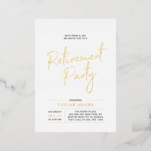 Gold Modern Brush Script Retirement Party Foil Invitation