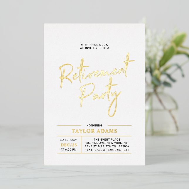 Gold Modern Brush Script Retirement Party Foil Invitation (Standing Front)