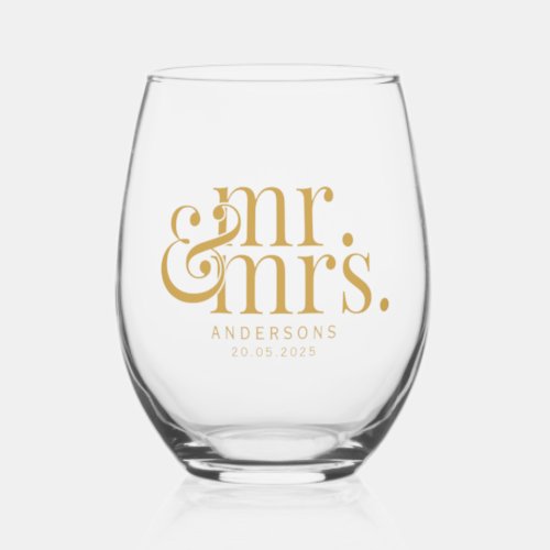 Gold Modern Calligraphy Mr and Mrs Wedding Stemless Wine Glass