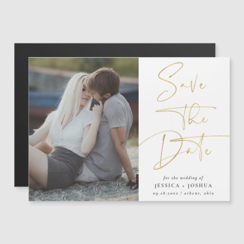 Gold Modern Calligraphy Photo Save the Date Magnet