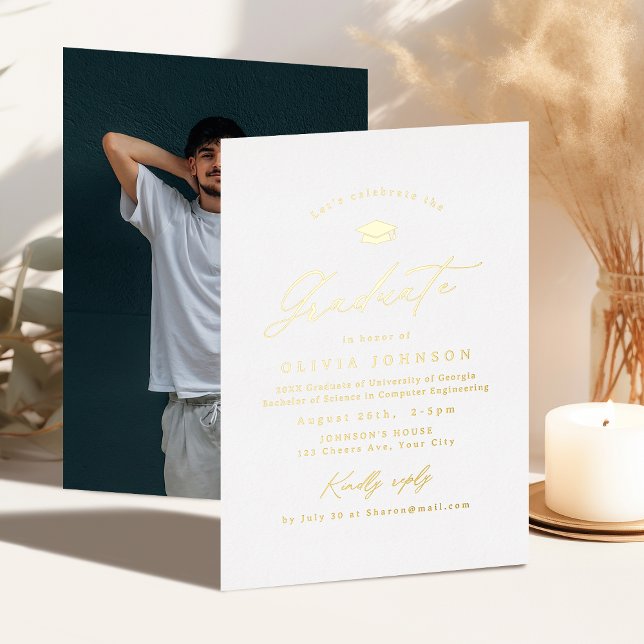 Gold Modern Calligraphy Simple Photo Graduation Foil Invitation (Gold Modern Calligraphy Simple Photo Graduation Foil Invitation)
